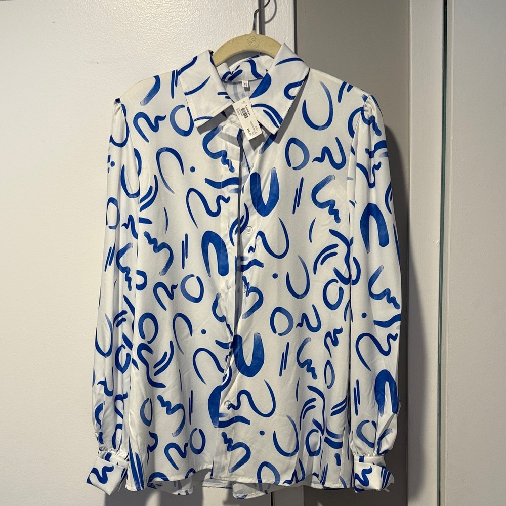 White and Blue Abstract Print Shirt